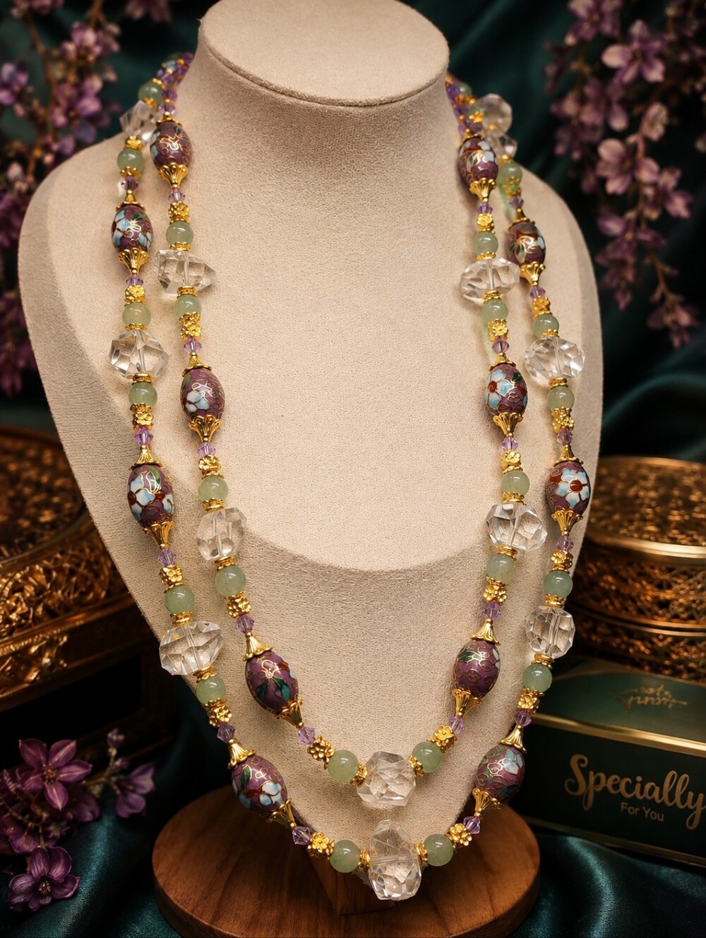 Lindsays Gifts Artisan Purple Cloisonne Rock Quartz Crystal Jade Necklace